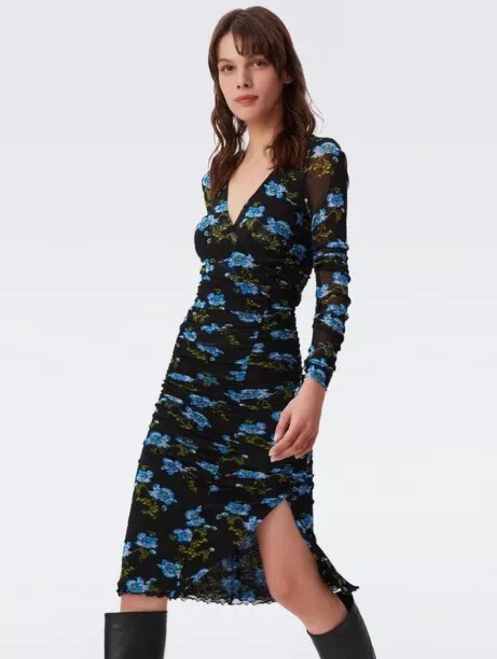 Diane Von Furstenberg Floral Ruched Mesh Midi Dress